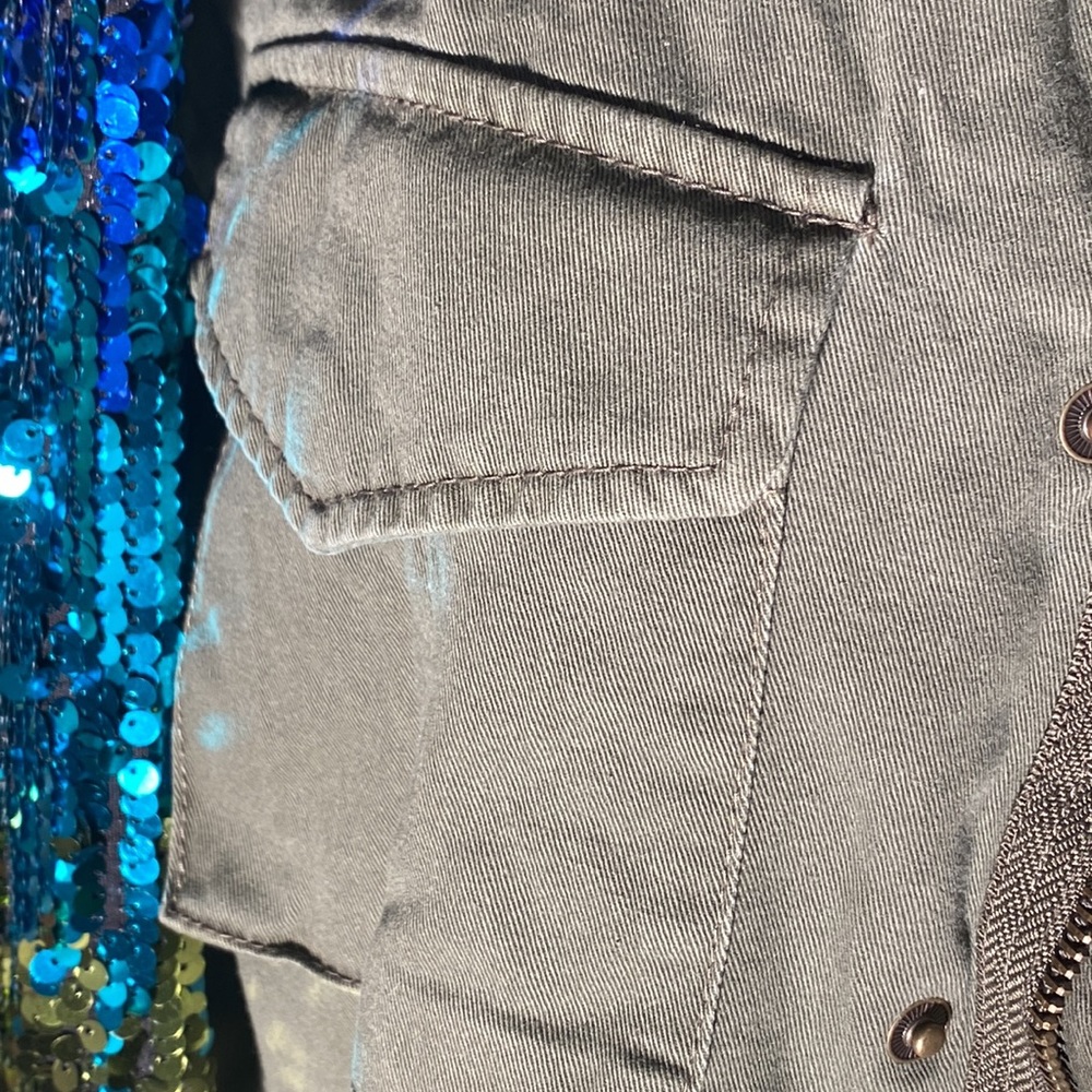 BARNEYS NY - NWT - jacket: olive green w rainbow sequined long sleeves - 42 / 8 - Picture 14 of 16